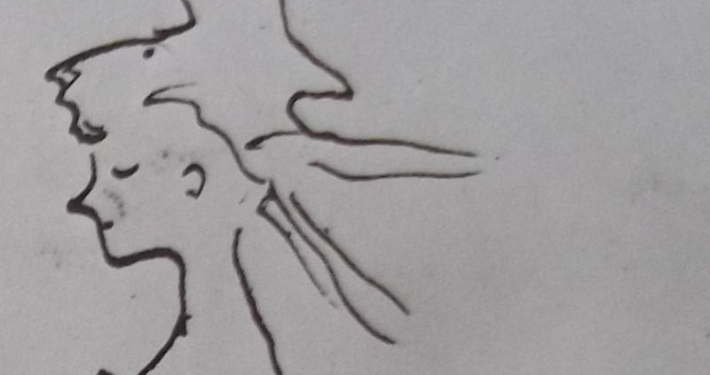 Ce détail d'un dessin de Victor Hugo représente la tête rougissante d'une jeune femme aux joues roses.