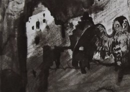 Ce détail d'un dessin de Victor Hugo représente un chouette qui louche, étendant une aile, devant une ruine à la façade délabrée. Deux cavaliers, que l'on ne voit pas, passent dans la forêt.