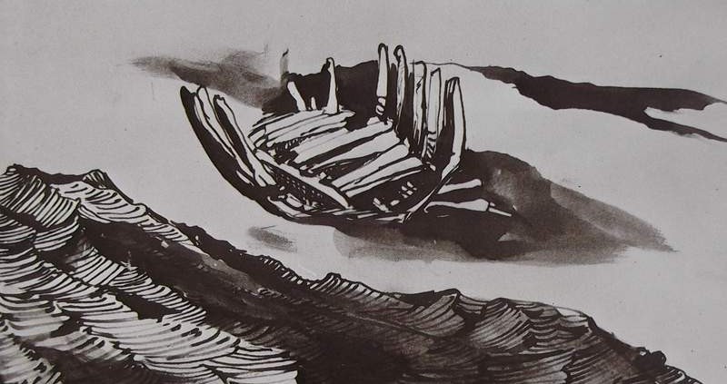 Ce détail d'un dessin de Victor Hugo représente une épave, celle d'un bateau, échouée sur la grève, auprès des flots, juste devant les dunes.