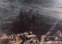 Ce détail d'un dessin de Victor Hugo représente les ruines englouties d'une cité (peut-être la pensée humaine ?) qui semble flotter entre deux eaux.