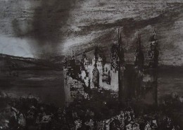 Ce détail d'un dessin de Victor Hugo représente un château au pied duquel s'étendent des ruines. Il est surmonté d'un ciel sombre, dans lequel menace une tornade.