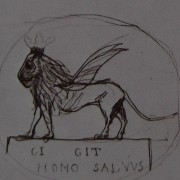 Ce détail d'un dessin de Victor Hugo représente un lion ailé sur une stèle portant l'inscription "CI GIT HOMO SALVUS".