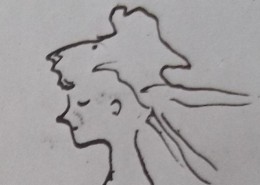 Ce détail d'un dessin de Victor Hugo représente le profil d'une jeune femme rougissante, les cheveux au vent.