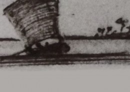 Ce détail d'un dessin de Victor Hugo représente une barque à voile naviguant sur un fleuve.