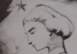 Ce détail d'un dessin de Victor Hugo représente, en gros plan, le visage de profil d'une jeune femme (Léopoldine, noyée le 4 septembre 1843, à Villequier). Au-dessus, à droite, on distingue une étoile à cinq branches.