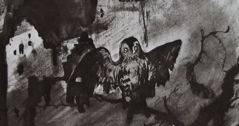Ce détail d'un dessin de Victor Hugo représente un chouette qui louche, étendant ses ailes, sur un arbre mort, devant une ruine ou une habitation délabrée. Saturne est cachée dans le ciel.