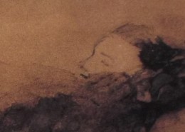 Ce détail d'un dessin de Victor Hugo représente le visage diaphane d'une femme endormie.