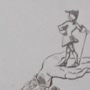 Ce détail d'un dessin de Victor Hugo représente un homme debout sur une main, bicorne sur la tête et canne à la main.
