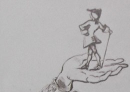 Ce détail d'un dessin de Victor Hugo représente un homme debout sur une main, bicorne sur la tête et canne à la main.