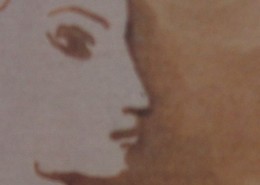Ce détail d'un dessin de Victor Hugo représente les yeux, le nez, la bouche et le menton d'un visage flou, vu de profil, d'une jeune femme innocente.