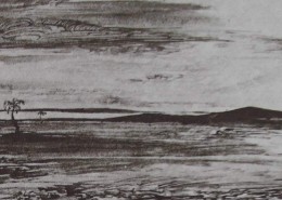 Ce détail d'un dessin de Victor Hugo représente un paysage d'orient, avec une vaste étendue, quelques collines et deux arbres.