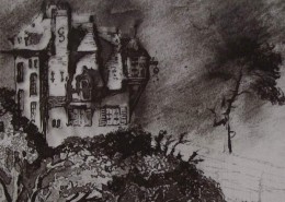 Ce détail d'un dessin de Victor Hugo représente une maison "petite avec des fleurs", perchée sur une colline et entourée d'arbres.