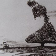 Ce détail d'un dessin de Victor Hugo représente un arbre qui ploie sous le vent dans la plaine.
