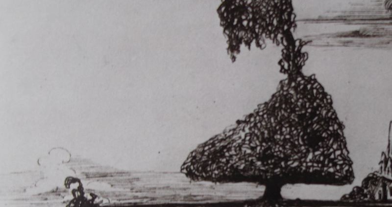 Ce détail d'un dessin de Victor Hugo représente un arbre qui ploie sous le vent dans la plaine.