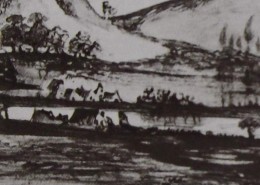 Ce détail d'un dessin de Victor Hugo représente un paysage champêtre et bucolique. Une rivière offre sa fraîcheur aux maisons qui la bordent. Des collines croisent leurs pentes, au loin.