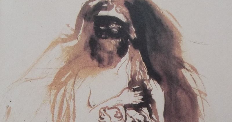 Ce détail d'un dessin de Victor Hugo représente le buste d'une femme ayant de grands cheveux et portant un masque.