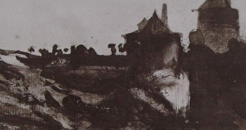 Ce détail d'un dessin de Victor Hugo représente la campagne, "le soir, quand fuit la nuit agile", avec les silhouettes de deux tours.