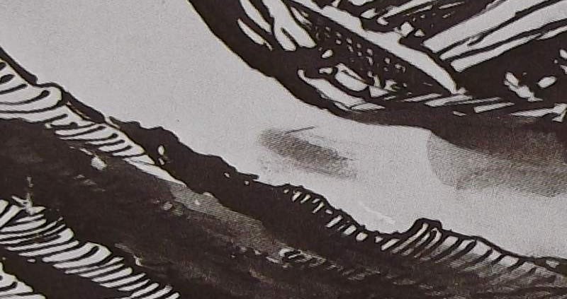 Ce détail d'un dessin de Victor Hugo représente une grève battue par les flots, près d'une forme sombre.