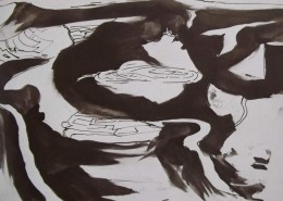 Ce détail d'un dessin de Victor Hugo représente, de manière abstraite, des formes sombres sur un fond clair.