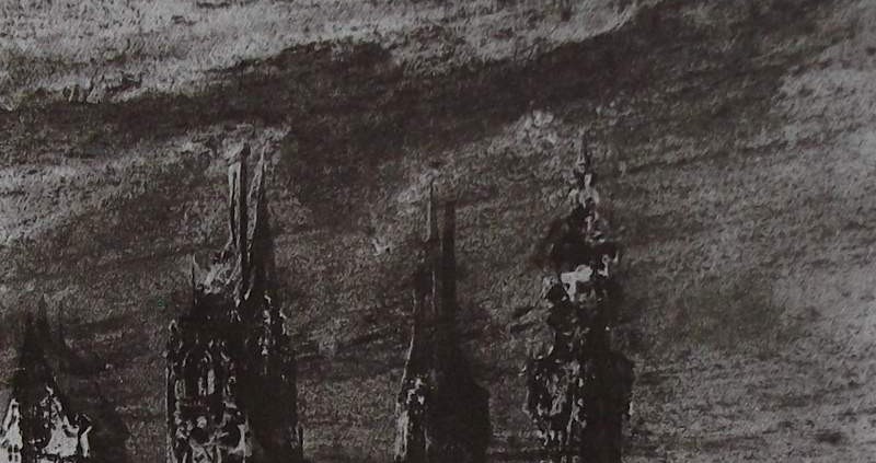 Ce détail d'un dessin de Victor Hugo représente trois tours qui se dressent dans un ciel sombre et tourmenté (au-dessus d'un empire en déclin ?).