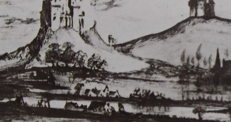 Ce détail d'un dessin de Victor Hugo représente des champs au bord d'une rivière et aux pieds de deux collines sur lesquelles sont juchés des châteaux.