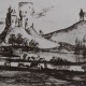 Ce détail d'un dessin de Victor Hugo représente des champs au bord d'une rivière et aux pieds de deux collines sur lesquelles sont juchés des châteaux.