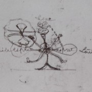 Ce détail d'un dessin de Victor Hugo, flou, représente un homme au tronc minuscule et aux membres démesurés, possédant trois paires d'yeux, dont deux sur la tête et une, verticale, dans le corps.