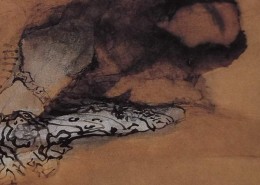 Ce détail d'un dessin de Victor Hugo représente un bras, une épaule recouverte de sa manche, qui émerge d'un lit. On croit voir un œil de dragon en haut à droite.