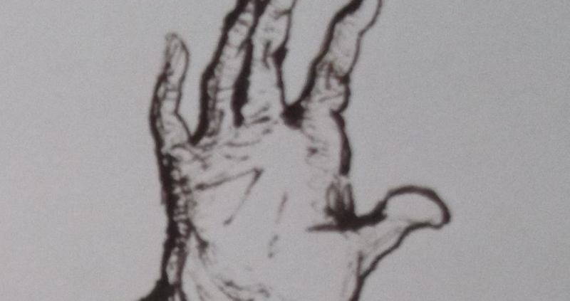Ce détail d'un dessin de Victor Hugo représente une main levée qui "perce la triste brume".