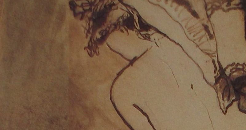 Ce détail d'un dessin de Victor Hugo représente une jeune femme au buste nue, penchée vers la gauche. Un rideau s'écarte derrière elle.