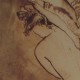 Ce détail d'un dessin de Victor Hugo représente une jeune femme au buste nue, penchée vers la gauche. Un rideau s'écarte derrière elle.