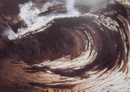 Ce détail d'un dessin de Victor Hugo représente une vague qui s'abat dans une gerbe d'écume au-dessus de ces mots tracés de la main du poète : "Hugo MA DESTINÉE".