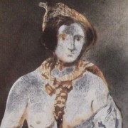 Ce détail d'un dessin de Victor Hugo représente une femme aux seins nus, avec un foulard autour du cou, et un béret sur la tête.