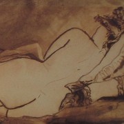 Ce détail d'un dessin de Victor Hugo représente le dos d' une jeune femme allongée, la tête posée sur deux oreillers.