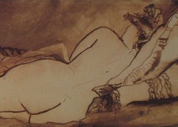 Ce détail d'un dessin de Victor Hugo représente le dos d' une jeune femme allongée, la tête posée sur deux oreillers.