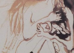 Ce détail d'un dessin de Victor Hugo représente le bras d'une femme, replié pudiquement sur sa poitrine. Elle maintient contre elle, avec son autre main, une forme au masque étrange.