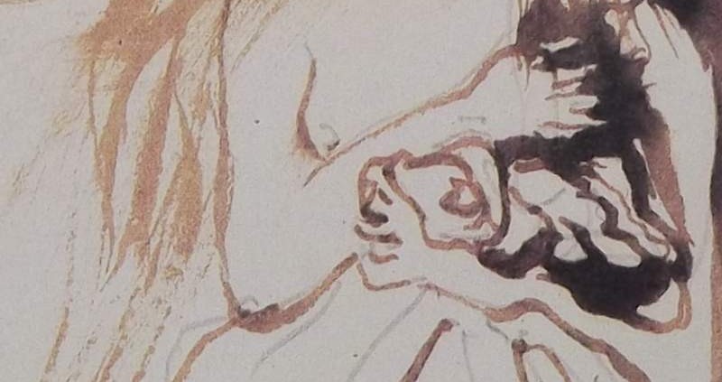 Ce détail d'un dessin de Victor Hugo représente le bras d'une femme, replié pudiquement sur sa poitrine. Elle maintient contre elle, avec son autre main, une forme au masque étrange.