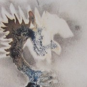 Ce détail d'un dessin de Victor Hugo représente une tête de phénix, aux reflets bleus, irradiant une lueur éblouissante (à moins que ce soit un dragon crachant de la lumière).