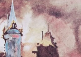 Ce détail d'un dessin de Victor Hugo représente une tour bleue, ronde, lumineuse, associée à une tour sombre, sous un ciel flamboyant, en un "éclat de rire enfantin".