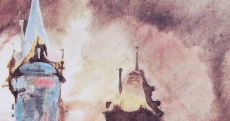 Ce détail d'un dessin de Victor Hugo représente une tour bleue, ronde, lumineuse, associée à une tour sombre, sous un ciel flamboyant, en un "éclat de rire enfantin".