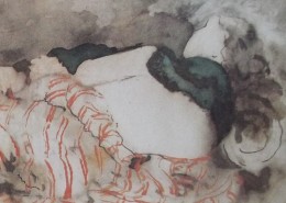 Ce détail d'un dessin de Victor Hugo représente une jeune femme allongée, dos tournée, les épaules recouveertes d'une mantille.