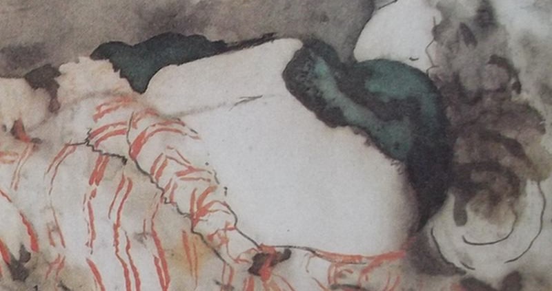 Ce détail d'un dessin de Victor Hugo représente une jeune femme allongée, dos tournée, les épaules recouveertes d'une mantille.