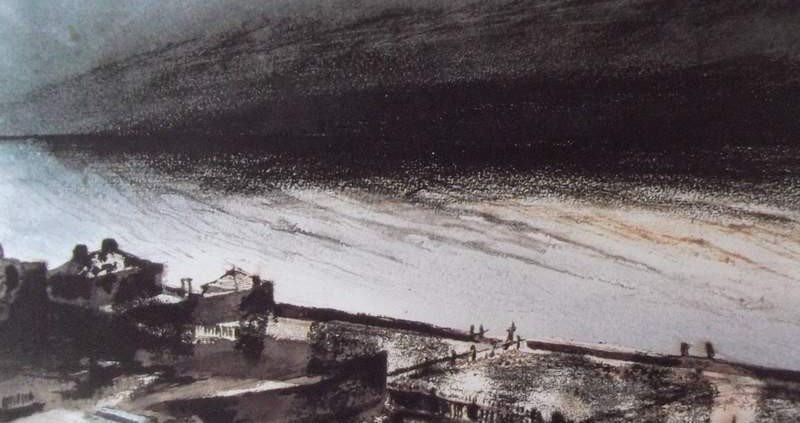 Ce détail d'un dessin de Victor Hugo représente une ville en bord de mer au rivage battu par l'océan. Le ciel et les flots se confondent à l'horizon... un premier mai ?