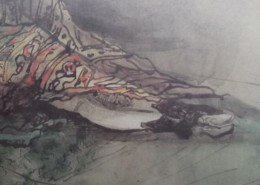 Ce détail d'un dessin de Victor Hugo représente les jambes et les bottines d'une femme enveloppée dans un tissu coloré.
