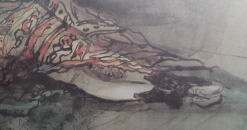 Ce détail d'un dessin de Victor Hugo représente les jambes et les bottines d'une femme enveloppée dans un tissu coloré.