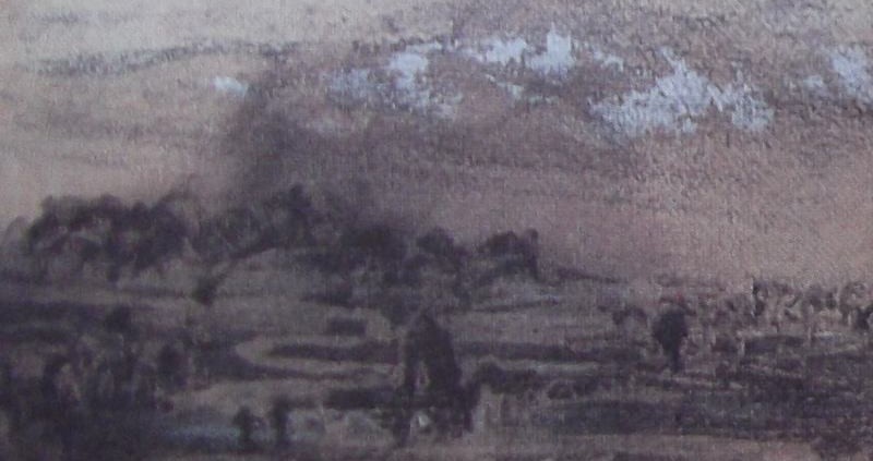 Ce détail d'un dessin de Victor Hugo représente la campagne, avec un village, et une tour au premier plan. Une ombre étrange apparaît dans le coin supérieur droit.