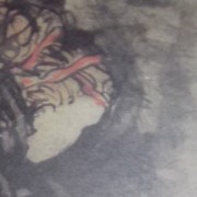 Ce détail d'un dessin de Victor Hugo représente la tête tournée vers le bas d'une "femme habile à se taire".