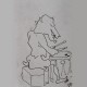 Ce détail d'un dessin de Victor Hugo représente un animal à tête de crocodile, penché sur son tambour, les baguettes en main, en train d'en joue
