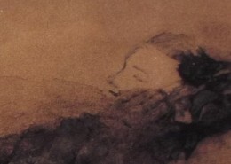 Ce détail d'un dessin de Victor Hugo représente le visage d'une très jeune femme (une enfant ?), aux yeux fermés, qui apparaît derrière, ou au-dessus d'un mur (à moins que ce soit des couvertures).