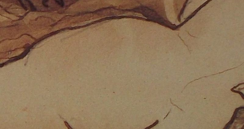 Ce détail d'un dessin de Victor Hugo représente les fesses d' une jeune femme, couchée de dos, dont on aperçoit le buste nu.